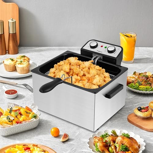 Image of SUSTEAS Deep Fryer, 3 Baskets Electric Oil Fryer with 4.5QT /5L,1800W Timer Control Adjustable Temperature, Lid with Viewing Window and Odor Free Filter, Stainless Steel, Perfect for Kitchen,Fry Fries