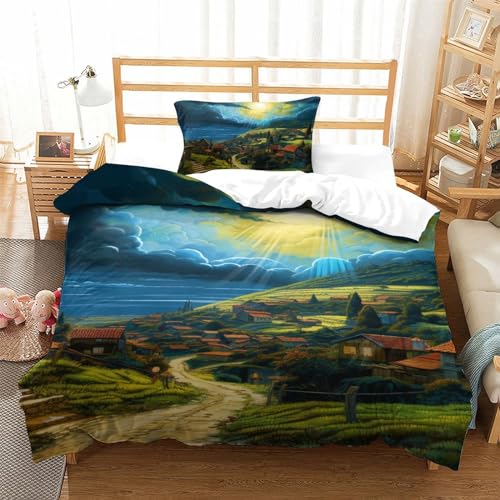 Housse de couette village 3D microfibre 135x200cm avec sa taie d'oreiller pour lit simple - 2