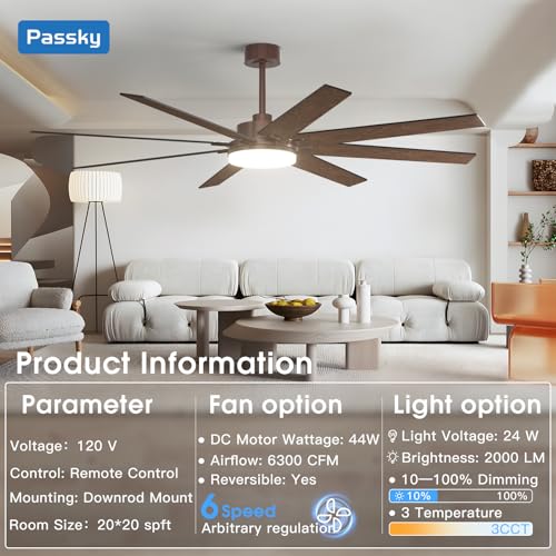 Image of 72 Inch Ceiling Fans with Lights, Large Modern Ceiling Fan with Light and Remote Control, Reversible, 3CCT, Dimmable, Quiet, Brown Ceiling Fan for Bedroom Living Room Patio Farmhouse, Indoor /Outdoor