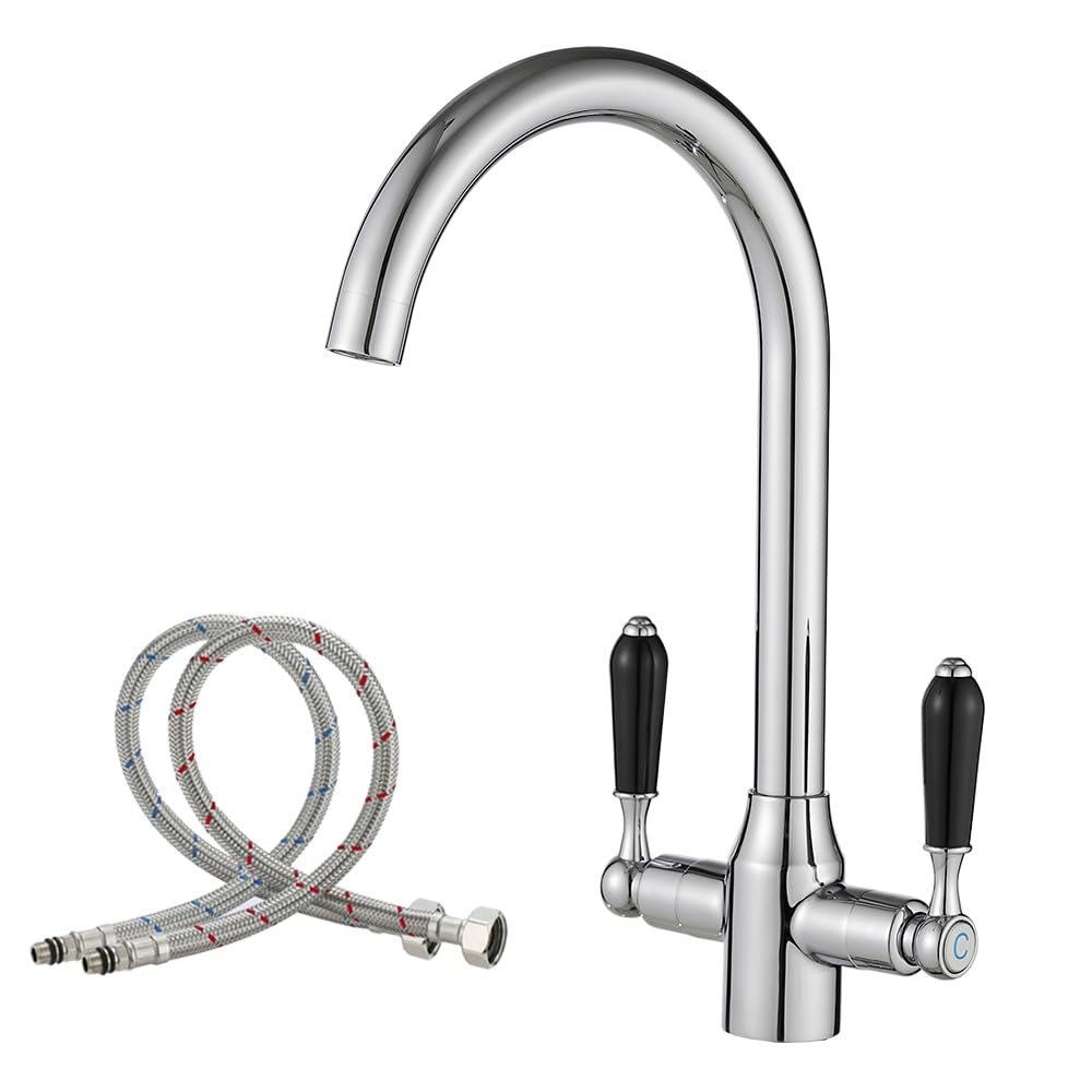 Haiba Kitchen Taps Mixer Chrome Surface Brass Material Black Ceramic Dual Lever 1 Hole for Kitchen Sink or Bar with UK Standard Fitting Hoses Hot and Cold Mixer Taps