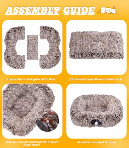 Vuxava XXL Katzentunnel Rechteckig Grau – Indoor Katzenspielzeug & Katzenhöhle mit weicher Liegefläche, 100×82 cm Bett & 180 cm Tunnel, 2 Eingänge, Waschbar & Abnehmbar