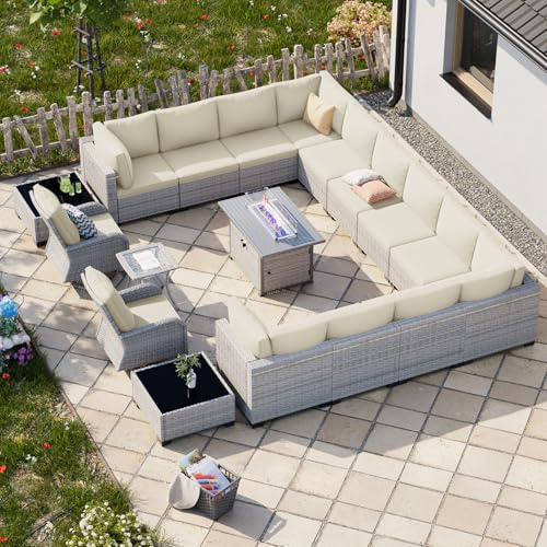Image of 18-Piece Patio Furniture Set, Outdoor Patio Furniture with 55,000 BTU Fire Pit Table, Swivel Chairs Set, Thick Cushions, Modular Patio Sofa, Dual-Strand Wicker Rattan, Rust-Resistant Frame, Ivory