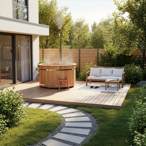 FinnTherm Holz Badefass Bergen, Hot Tub Ø 200 x 110 cm, inkl. Edelstahl-Ofen 22 kW und Einstiegsleiter, 6-8 Personen, Schwimmbecken, Badebottich, Sprudelbad