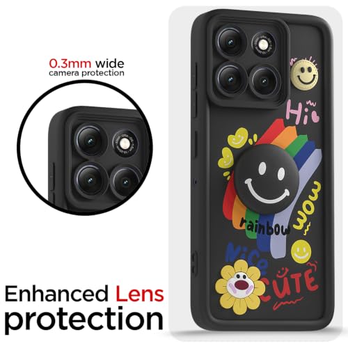 Image of Pikkme Back Cover for Motorola Moto G86 Power 5G | Soft Silicone| Cute Rainbow Smile & 3D Cartoon Flower Design | Shockproof Raised Camera Protection Bumper Case (Black)