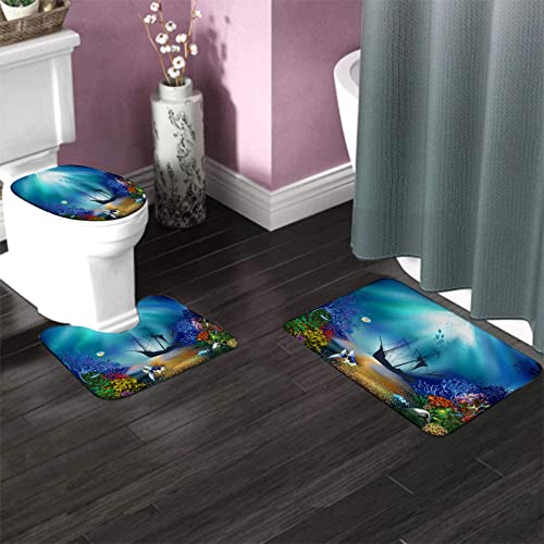 Badezimmerteppich-Set, 3-teilig, Unterwasserwelt, Cartoon-Ozean, Korallenfische, waschbare Badeteppiche, rutschfest, mit Rückenpolster, Konturteppich und Toilettendeckelbezug – Bild 4