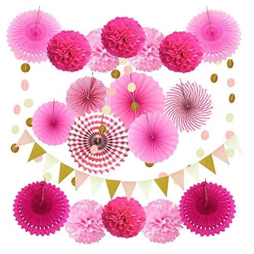 Zerodeco Decoración de la Fiesta, 21 Piezas Abanicos de Papel Bola de Nido Pom Poms Ventilador Cumpleaños Boda Carnaval Bebé Ducha Home Party Supplies Decoración (Rosa)