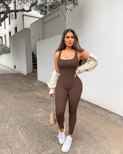 Image of YIOIOIO Womens Workout Ribbed Jumpsuit Yoga Square Neck Leggings Romper