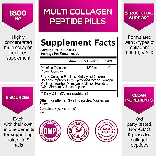 Collagen Peptides for Women & Men, Type I, II, III, V, X Hydrolyzed Collagen Pills, Grass Fed Non-GMO Multi Collagen Peptides Supplements, Hair, Skin, Nail, Bones, Joint Health Support - 180 Capsules - Image 3