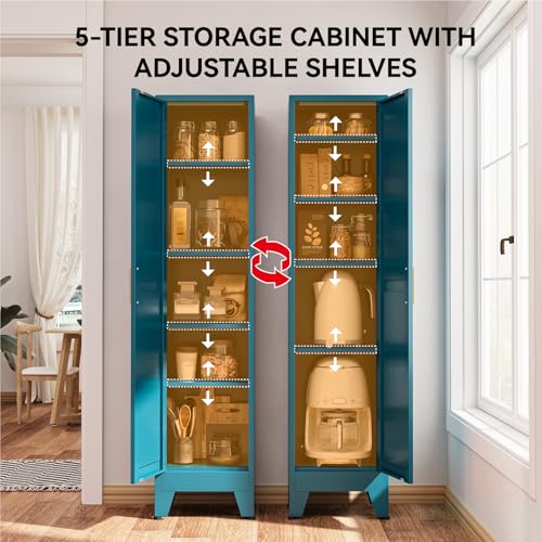 Image of 67 inch Tall Storage Cabinet with Reversible Doors and Adjustable Shelves,Metal Slim Freestanding Cabinet for Bathroom Kitchen Garage Small Spaces,Blue,5-Tier 1 Pack