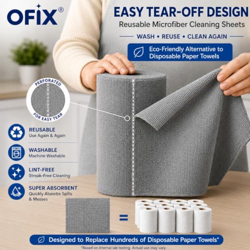 Image of Microfiber Cleaning Cloth Roll, 20 Pcs, Reusable & Washable, Ultra Absorbent Lint-Free Microfiber Towels, Tearable Cleaning Sheets for Kitchen, Home, Car & Glass Cleaning, Grey (Pack of 50)