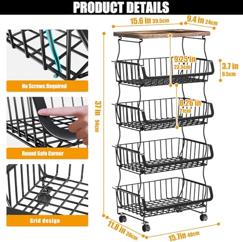 Image of Abja 5 Tier Vegetable Stand, Onion Potato Rack, Kitchen Trolley with Wheels, Metal & Wood Stand for Kitchen Storage Rack, Stackable Baskets (Black, Rustic Brown Top)