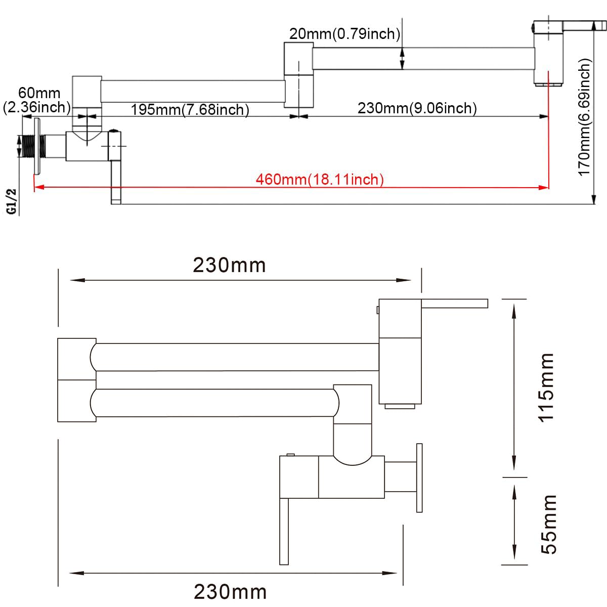 HomeLava Rubinetto da cucina nero a parete, Rubinetto riempitore per pentola, Rubinetto a muro in ottone Pieghevole, Girevole a 360°, 2 maniglie (nero)
