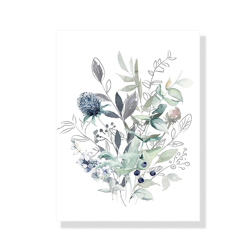 CVMINY Conjunto de 3-Pósteres Modernos Acuarela Abstracta Flores Azules Pintura Sobre Lienzo Flores Silvestres Cuadros Imprimibles Pared Decoración Interiores Sala Estar Cocina-60 * 80cm (Sin marco)