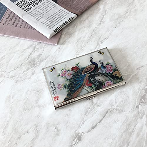 Image of Mother of Pearl Business Card Case Credit Id Name Holder Travel Wallet Art Painting Design Metal Stainless Steel Engraved Slim Purse Pocket Cash Money Wallet (Peacock)