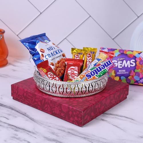 Image of Design Decor Gallery Round German Silver Plated Tray| Round Decorative Tray |Best Gift for Pooja|Diwali | Anniversary | House Warming | Birthday (Pack of 1) Size: 6x6 Inches,with Gift Box