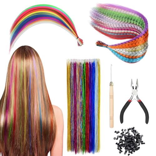 KLEHOPE 66 Stück Bunte Haarverlängerungs Set Haarsträhnen Kinder Haarschmuck Haarteil Zange Häkchen mit 100 Perlen Ponytail Braids Clip für Flechten und Pferdeschwänze