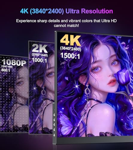 Image of 4K Portable Monitor 15.6 inch 3840x2400 UHD USB-C HDMI 100%NTSC 1500:1 Display | 100% Adobe RGB IPS Computer Gaming HDR Monitor w /Speakers & Kickstand for Laptop Xbox PS5 Switch PC Phone