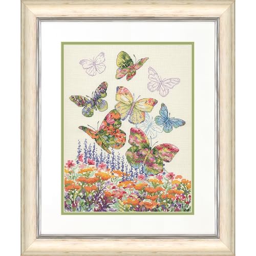 Image of Dimensions 70-35448 Floral Butterfly Counted Cross Stitch Kit, 10 inch x 13 inch, 14 Cnt. Ivory Aida, 4 Pieces