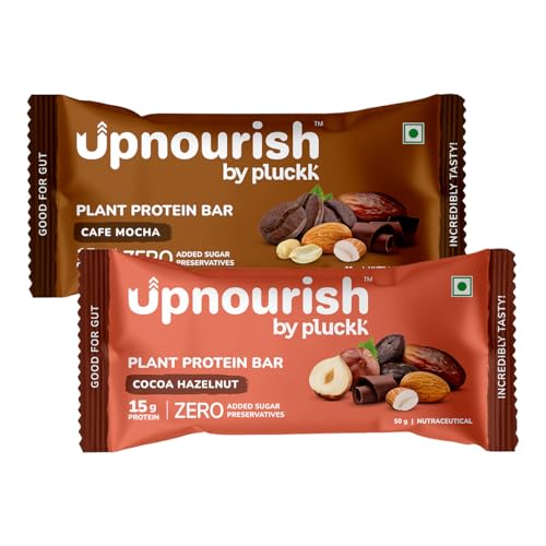 Image of Upnourish By Pluckk 15G Plant Protein Bar | Cafe Mocha & Cocoa Hazelnut | No Preservative | No Added Sugar | Gut Friendly | Rice & Pea Protein | All Natural Ingredients | Assorted Pack (6 pcs) - 300G
