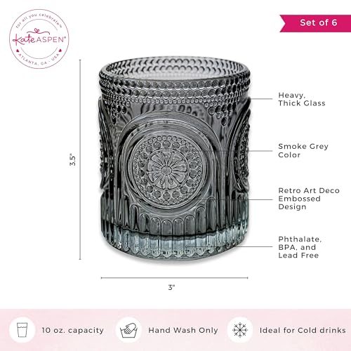 Ribbed Retro Arch Floral Smoke Grey Drinking Glasses Set of 6, (10 oz) Vintage Glassware Set by Kate Aspen| Cocktail Glass Set, Juice Glass, Water Cups | Hostess Gift & Present for New Home Owners by Kate Aspen - Image 6