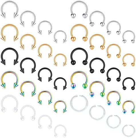 Mayhoop 40Pcs 16G Variety of Sizes Surgical Steel Horseshoe Nose Septum Rings Piercing Jewelry Cartilage Daith Helix Tragus Earring Hoop Lip Horseshoe Piercing for Women Men