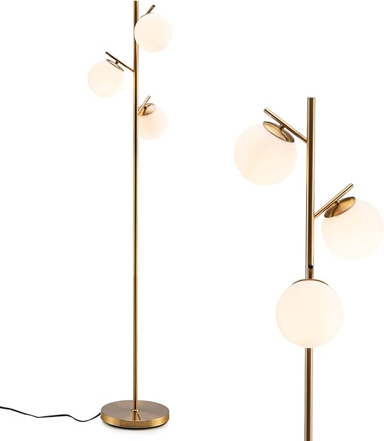 COSTWAY 2/3-Light Floor Lamp, Frosted Glass Globe Lamp with 2 LED Bulbs, Foot Switch & E27 Bulb Bases, Tall Standing Night Light for Living Room Bedroom Office (Gold, 3 Lights, Bulbs Not Included)
