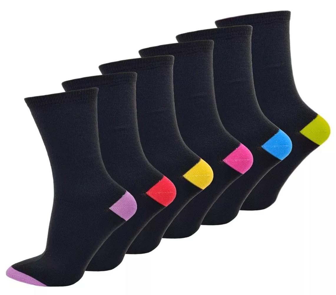Onlybee Women's Black 6 Pairs Of Cotton Rich Ankle Socks With Multicoloured Heel And Toes Design Everyday Uk Size 4 To 7