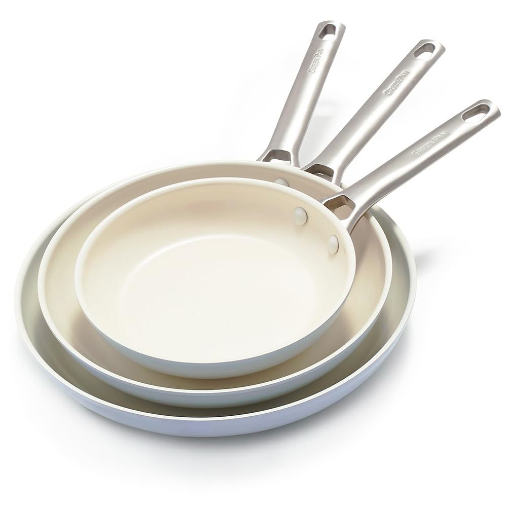 GreenPan Padova Pro 8" 10" and 12" Frying Pan Skillet Set, Hard Anodized Healthy Ceramic Nonstick PFAS-Free Cookware, Induction Suitable, Stainless Steel Handle Dishwasher and Oven Safe, Light Blue