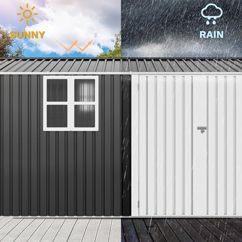 Image of DWVO 12x8ft Metal Outdoor Storage Shed with Window, Lockable Tool Storage Sheds, Oversized Steel Garden Sheds with Sloped Roof for Backyard, Patio, Garage, Lawn, Gray & White