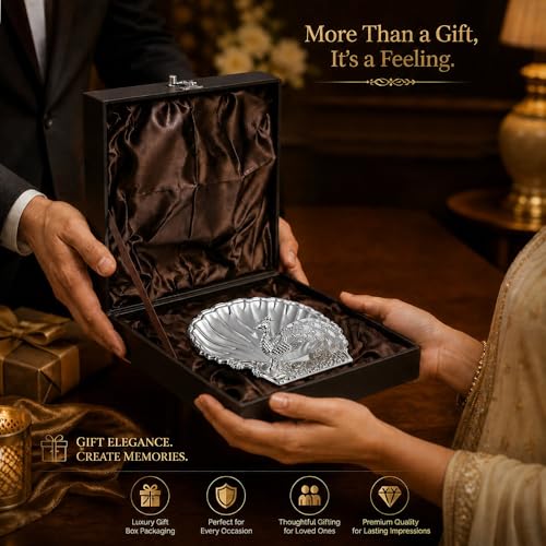 Image of Diviniti German Silver Peacock Decorative Bowl for Home Decor | Luxury Silver Plated Dry Fruit & Sweet Serving Platter | Elegant Peacock Tray with Gift Box for Festive Dining & Gifting
