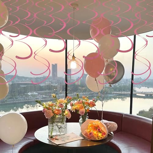Image of Pink Ceiling Swirl Foil Decorations Hanging Plastic Streamer Themed Swirl Party for Valentine's Carnival Celebration, Pack of 28