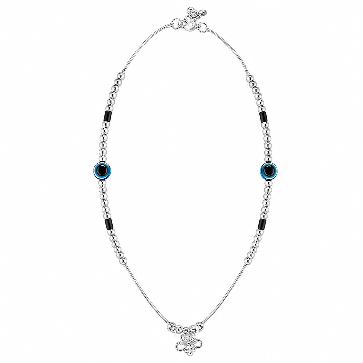 Silver Plated Blue Evil Eye Anklet for Women & Girls | Beaded Fashion Payal with Flower Charm | Stylish Daily Wear | 1 Pair-picture-31