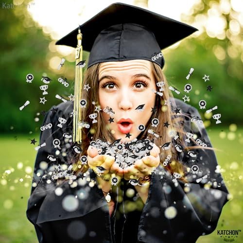 Image of Graduation Decorations 2026, Glitter Silver and Black Graduation Confetti - Pack of 300 | Graduation Hat, Star Confetti | Congrats Grad Confetti for 2026 Graduation Table Decorations, KatchOn