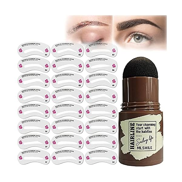 FUGJAOJO Eyebrow Stamp Waterproof, Brow Shaping Kit Definer,With 24 Reusable Stencils (Dark-Brown) ,25 Piece Set