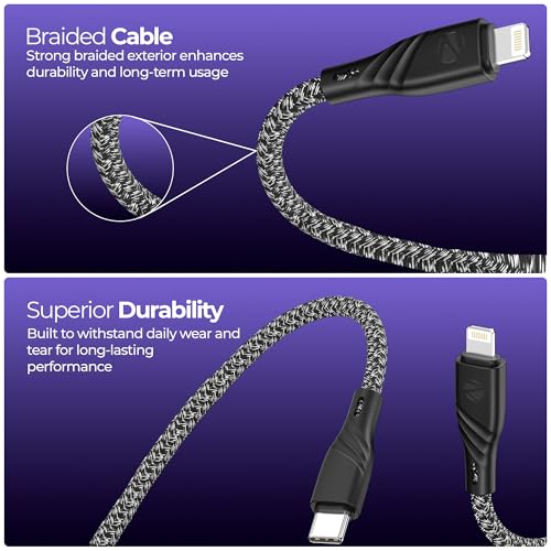 Image of Zebronics Type-C to Lightning Fast Charging Cable, 27W PD Rapid Charging, Charge & Sync Support, Braided Tangle-Free Design, 1.5 Meter Length, Compatible with Type-C PD Adapters (TL300, Black+White)