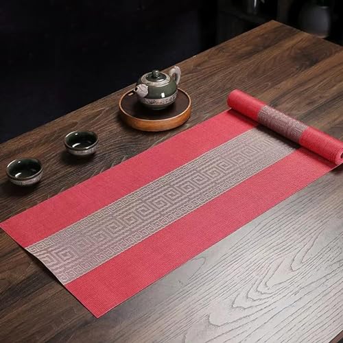 Image of YELONA Placemats and Table Runner Set - Heat Resistant, Non-Slip & Washable PVC Vinyl Dining Table Mats - Scarlet Red (6 Placemats: 45x30 cm, 1 Runner: 180x30 cm)
