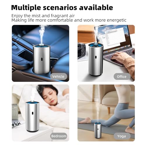 Image of Aluminum Car Diffuser Essential Oil Car Aromatherapy Humidifier 100ml Personal Vehicle Scent Freshener Cool Mist Mini Portable Ultrasonic Diffuser for Small Space (Silver)