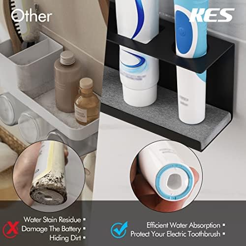KES Electric Toothbrush Holder Wall Mounted for Bathroom - Adhesive or Screw Mount - With Diatomaceous Board - Holds 2 Toothbrushes, Toothpaste, Razor, Cleanser, Stainless Steel Black, BETH200DF-BK