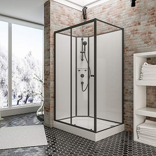 Schulte cabine de douche intégrale complète en kit 120 x 80 x 204 cm, profilé noir avec receveur et robinetterie, porte coulissante avec ouverture vers la gauche, verre de sécurité D19381-5-F 68 50
