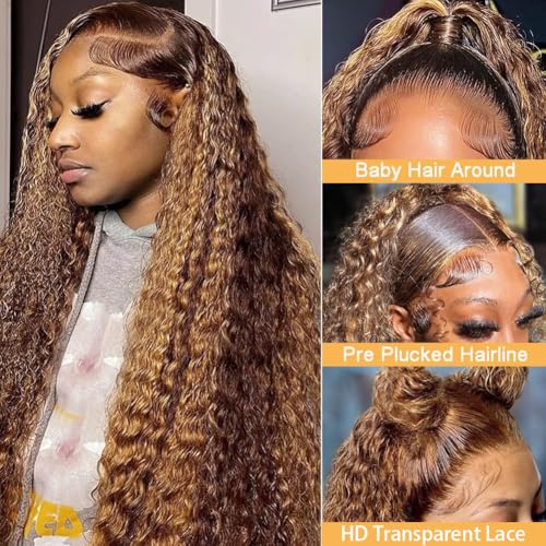 Image of 28inch Highlight Ombre Lace Front Wig Human Hair 13x6 HD Honey Blonde 4 /27 Deep Wave Lace Frontal Wigs Glueless Wigs Human Hair