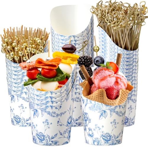 Tioncy 250 Pcs Charcuterie Cups with Cocktail Picks Sets Bridal Shower Decoration 50 Charcuterie Cups with 200 Sticks for Wedding Baby Shower Floral Boho Witch Party Decorations(Blue Flower)