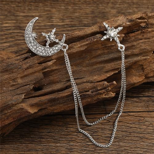 Image of Moon Star Rhinestone Brooch with Gold Tassel Brooch for Unisex