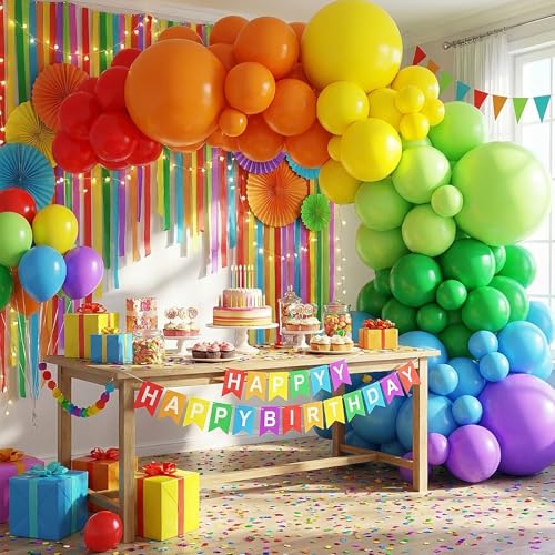 Image of RUBFAC Rainbow Balloon Arch Kit 129pcs Different Sizes Pack of 18 12 10 5 Inch, Latex Colorful Balloons Garland for Birthday Party Decorations