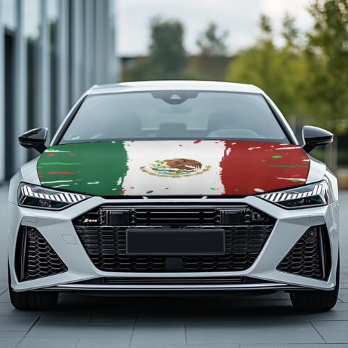 Image of Mexican Flag Style Car Hood Cover Protector Stretchable Car Hood Wrap Blankets Mexican Independence Day Decorations Automotive Exterior Accessories for Compact SUV Sedans Trucks Pickup