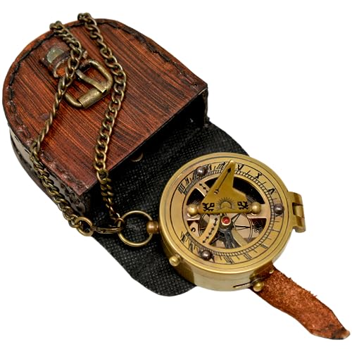 Sundial compass antique style brass vintage gift sun dial watch, unique gift for men, compass with leather pouch gift for him