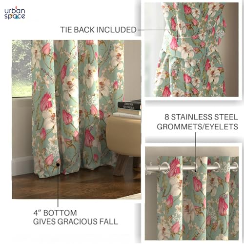 Image of Urban Space Blackout Curtains 5 Feet Set of 2 for Window, 80-85% Light Blocking Curtains for Living Room, Digital Printed Curtains with Eyelets, Tieback Included (Flora nova sage, 5 Feet)