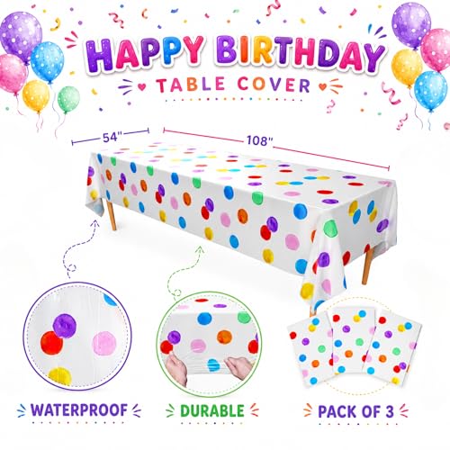 Image of Blue Orchards Polka Dots Table Cover (Pack of 3) 108 inch x 54 inch - Colorful Birthday Party Table Decoration, Bright Accent and Backdrop, Gift Wrap, Multi Purpose Party Decor