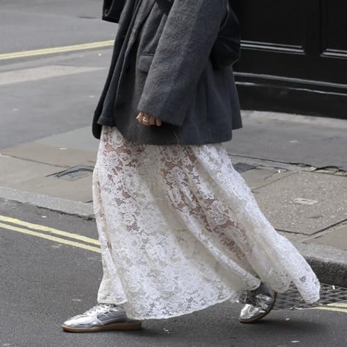 Women Crochet Knit Maxi Skirt Boho Eyelet Embroidery Ruffle Long Skirts Elastic Waist Flowy A-Line Beach Maxi Skirt4