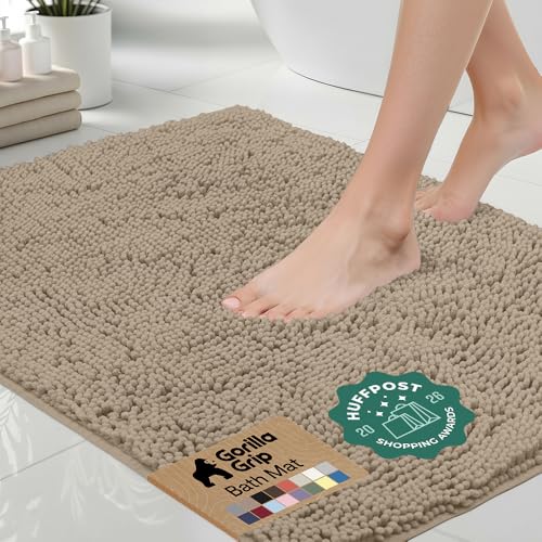 GORILLA GRIP Bath Rug Mat, Thick Soft Absorbent Chenille, Quick Dry Microfiber Mats, Rubber Backing Washable Shower Floor Rugs, US Designed Bathroom Bathmat Home Decor Accessories, 24x17, Gray Beige