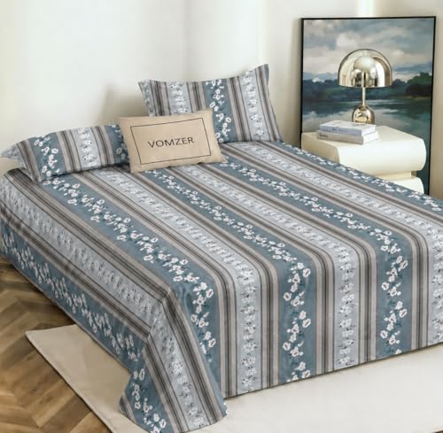 Image of VOMZER Cotton King Size Flat Bedsheet for Double Bed, 1 Cotton Bed Sheet Double Bed (90x100 Inches) with 2 Pillow Cover, Grey Blossom